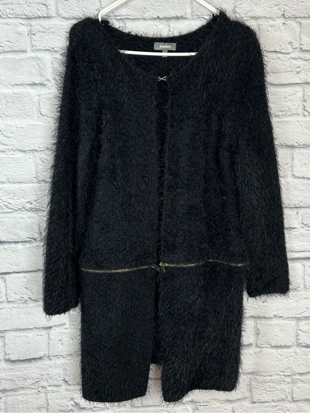 Neiman Marcus Black Eyelash Knit Long Cardigan Sweater Jacket Small convertible